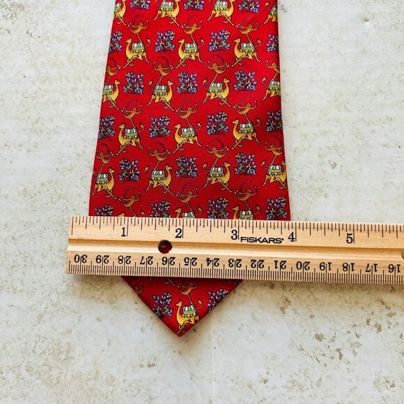 Salvatore Ferragamo Mens Silk Red Tie/ Yellow Camel Monkey & Floral Print - Picture 3 of 5